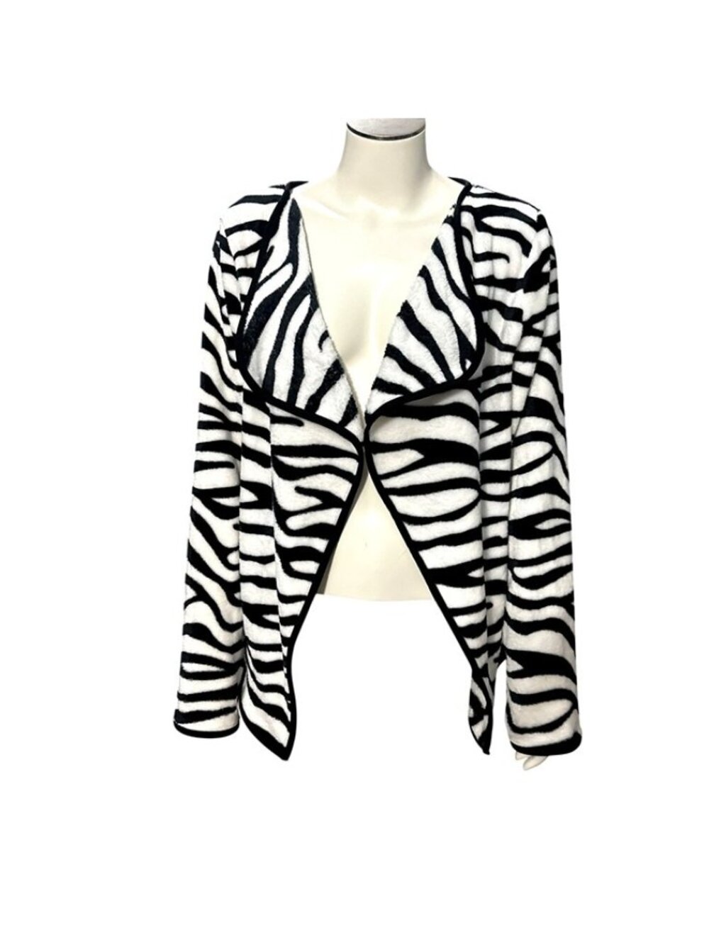 Zebra Print Black White Long Sleeve Open Front Cardigan Relaxed Fit Cozy Trendy